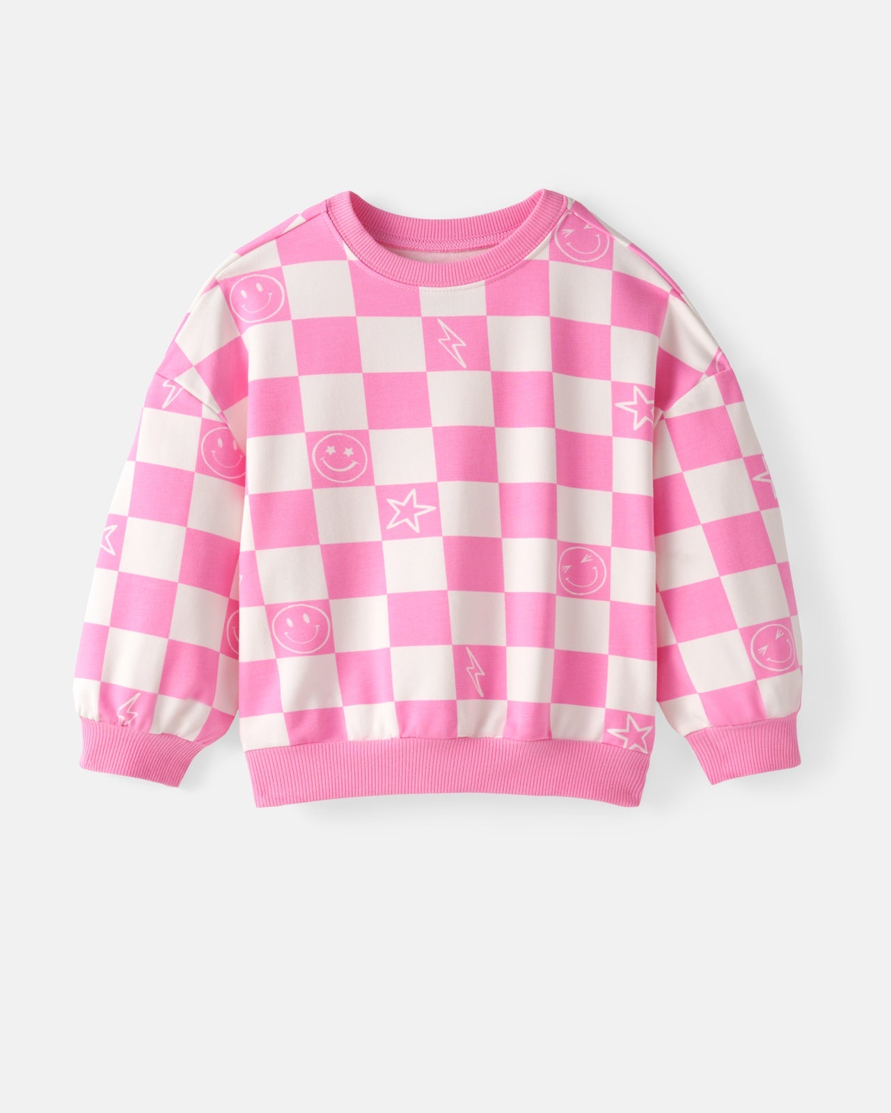 Cheery Checks Pink Drop Shoulder Crewneck